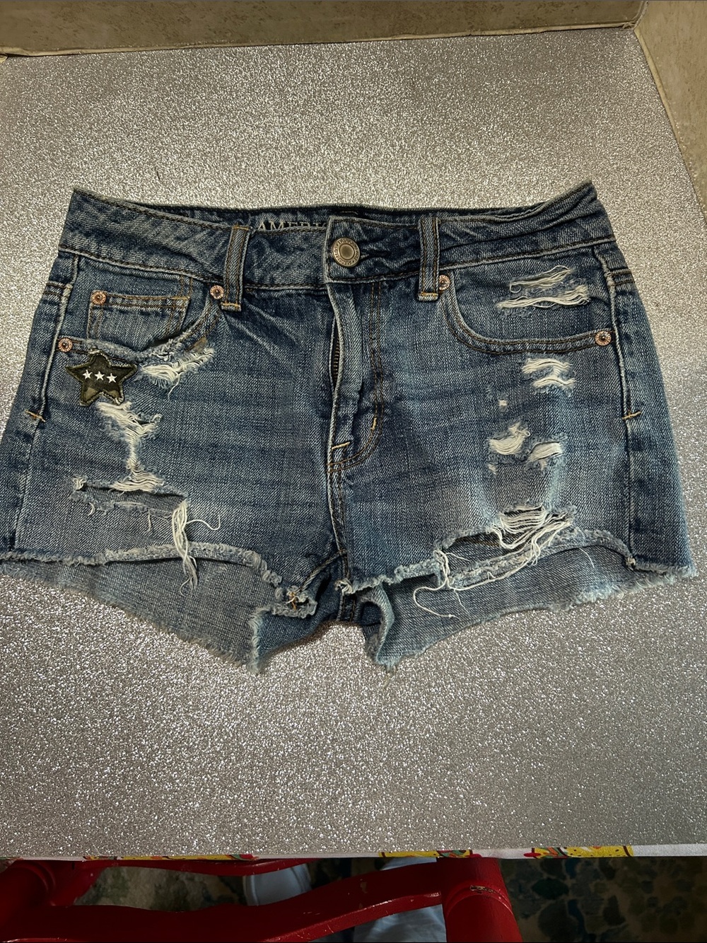 Distressed and  Embellished Dark Blue Denim American Eagle Women’s Shorts